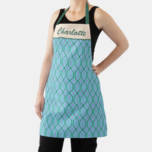 Vintage Aqua Blue Lines Pattern Personalised Apron (Insitu)