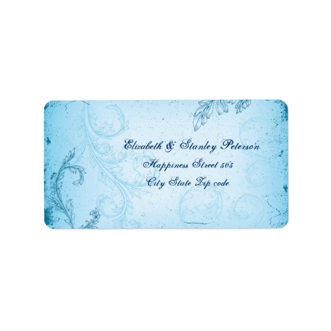Vintage aqua blue scroll leaf wedding label (Front)