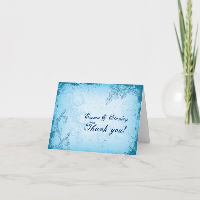 Vintage aqua blue scroll leaf wedding Thank You (Front)