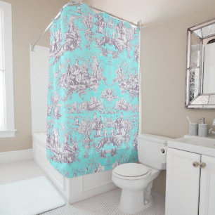 Vintage Aqua Blue Toile De Jouy Floral Shower Curtain