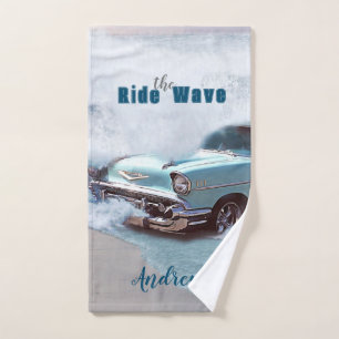Vintage Aqua Car "Ride The Wave" Quote Ocean Beach Hand Towel