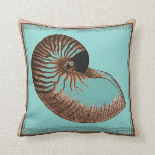 Vintage Aqua Chambered Nautilus Shell Pillow