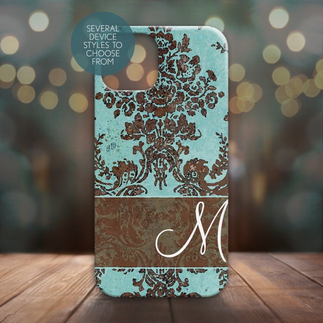 Vintage Aqua Damask Pattern with Monogram (Personalized Phone Case - Many Device Styles to Choose From)