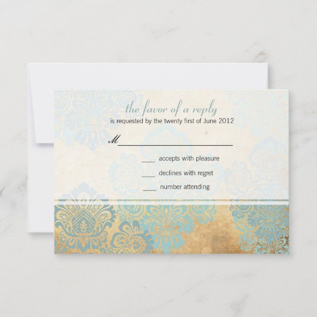 Vintage Aqua Damask Wedding Response Card (Front)