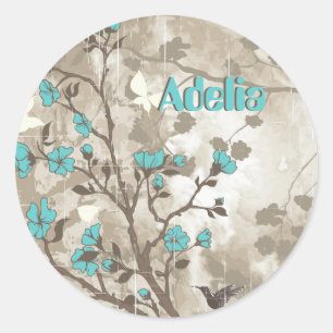 Vintage aqua flowers floral grunge custom classic round sticker