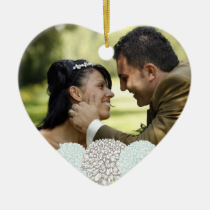 Vintage Aqua Flowers Wedding Photo Ornament