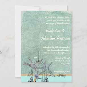 Vintage Aqua Love Bird Birdcage Wedding Invitation