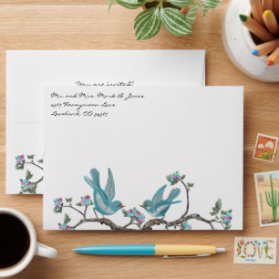 Vintage Aqua Love Bird Hot Pink Blooms Envelopes