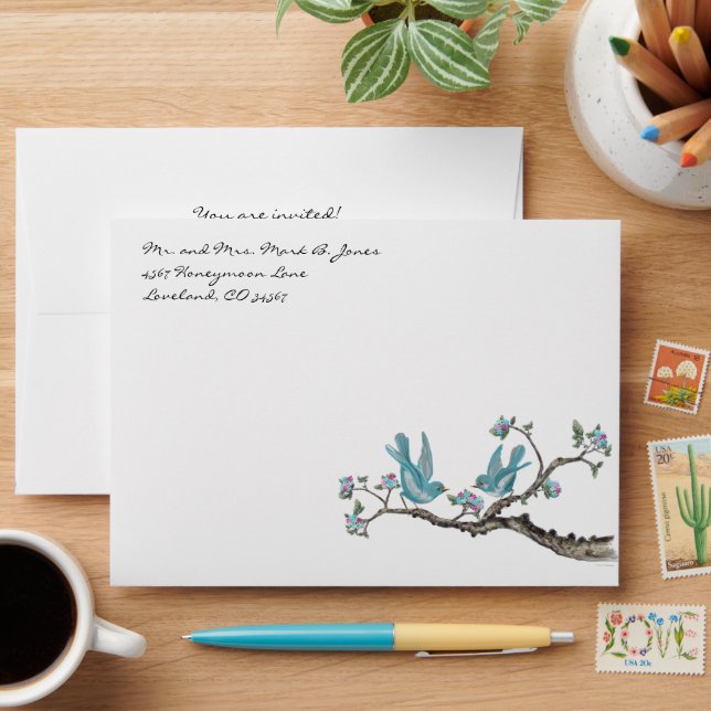 Vintage Aqua Love Bird Hot Pink Blooms Envelopes (Desk)