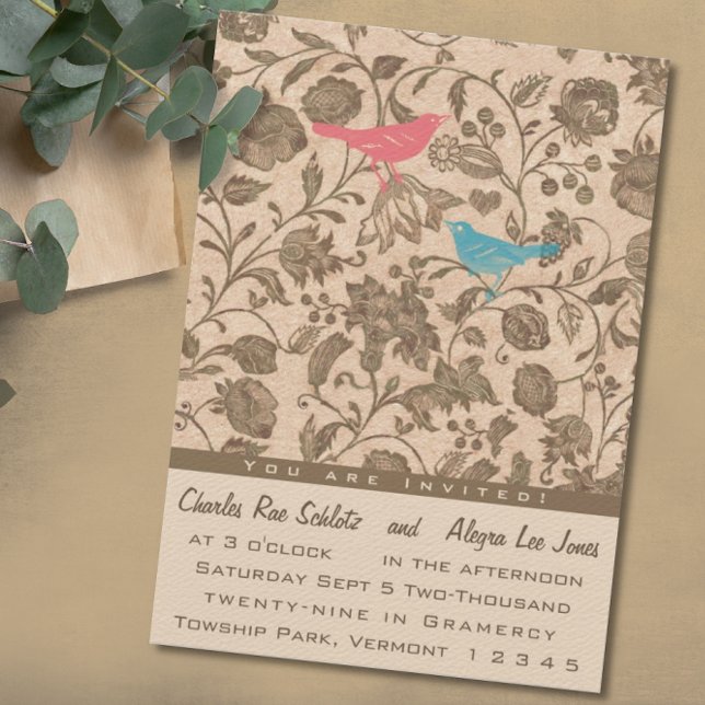 Vintage Aqua Pink Love Bird Pattern Wedding Invitation (Creator Uploaded)