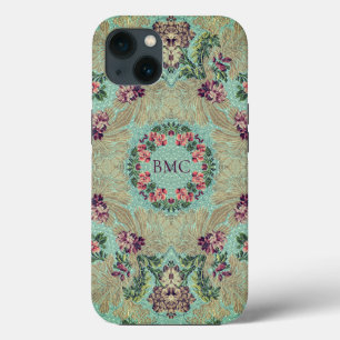 Vintage Aqua Purple Floral Remix with Initials  iPhone 13 Case