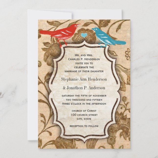 Vintage Aqua Red Love Bird Pattern Wedding Invitation (Front)
