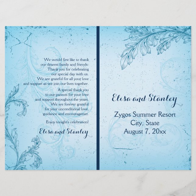 Vintage aqua scroll leaf folded wedding program (Front)