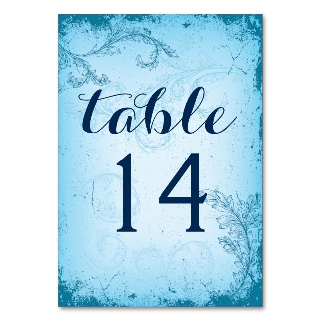 Vintage aqua scroll leaf wedding table number (Front)
