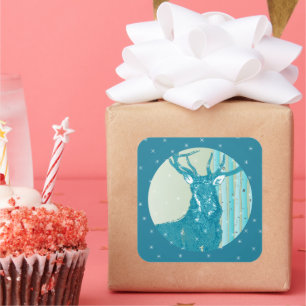 Vintage Aqua Teal Buck Deer Birch Tree Snowflake Square Sticker