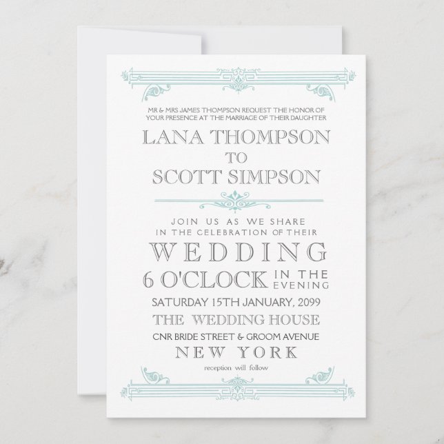 Vintage Aqua TurquoiseTypography Wedding Invite (Front)