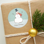 Vintage Aqua Winter Snowman Happy Holidays Classic Round Sticker<br><div class="desc">"Happy Holidays" round sticker design features a snowy winter scene with a happy snowman and snowflakes and custom text.  Vintage aqua blue / green,  red and white design with navy blue and brown accents.</div>
