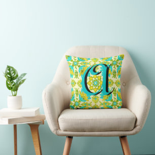 Vintage Aqua Yellow Lime Floral Monogram Pillow