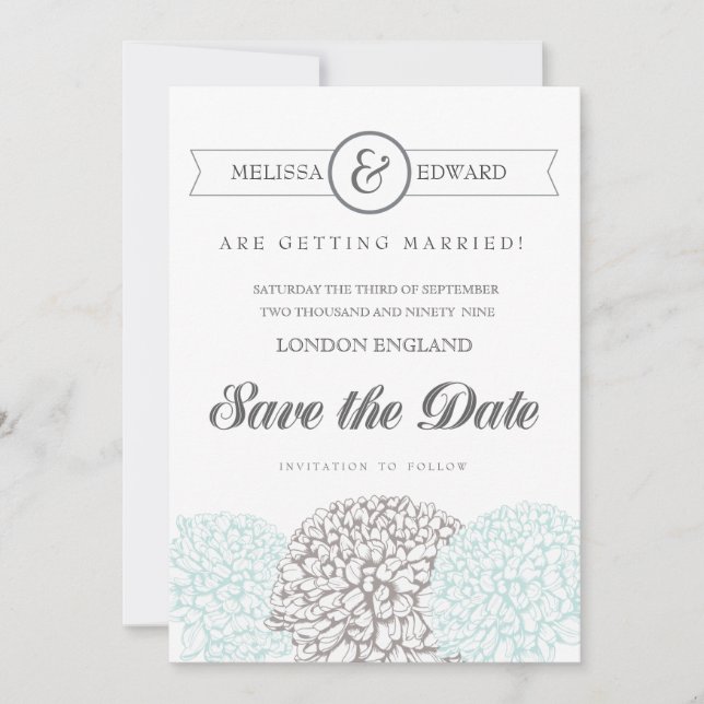 Vintage Aqua Zinnia Flowers Save the Date Invites (Front)