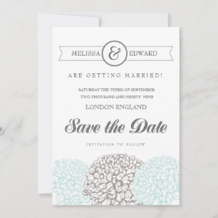 Vintage Aqua Zinnia Flowers Save the Date Invites