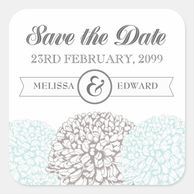 Vintage Aqua Zinnia Flowers Save the Date Stickers (Front)