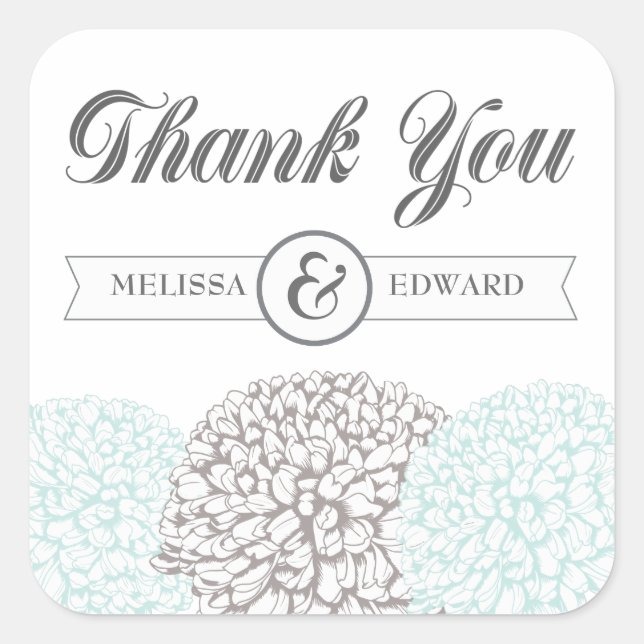 Vintage Aqua Zinnia Flowers Thank You Stickers (Front)