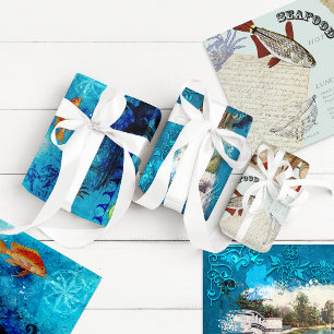 Vintage Aquatic Collage Wrapping Paper Sheet
