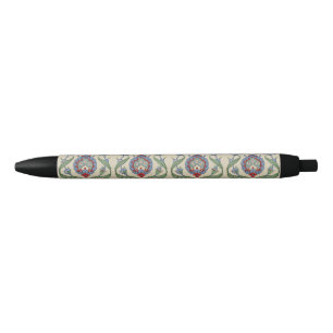 Vintage Arabic Blue Red Geometric Floral Art Print Black Ink Pen