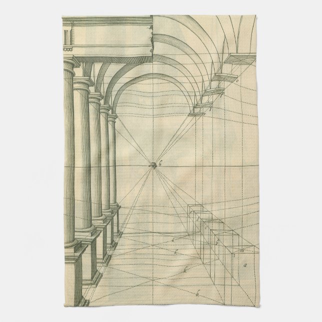 Vintage Architecture, Arches Columns Perspective Tea Towel (Vertical)