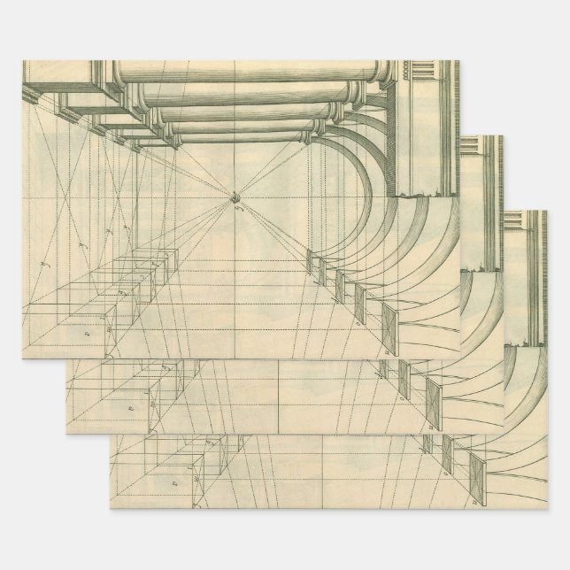 Vintage Architecture, Arches Columns Perspective Wrapping Paper Sheet (Set)