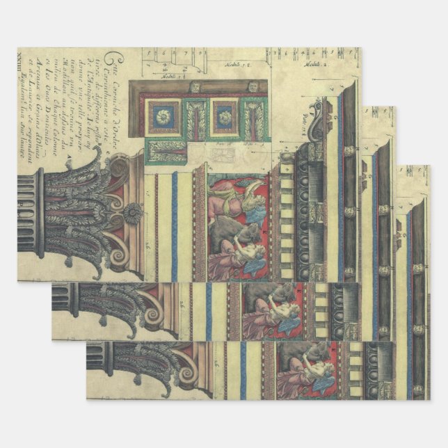 Vintage Architecture, Column with Cornice Moulding Wrapping Paper Sheet (Set)