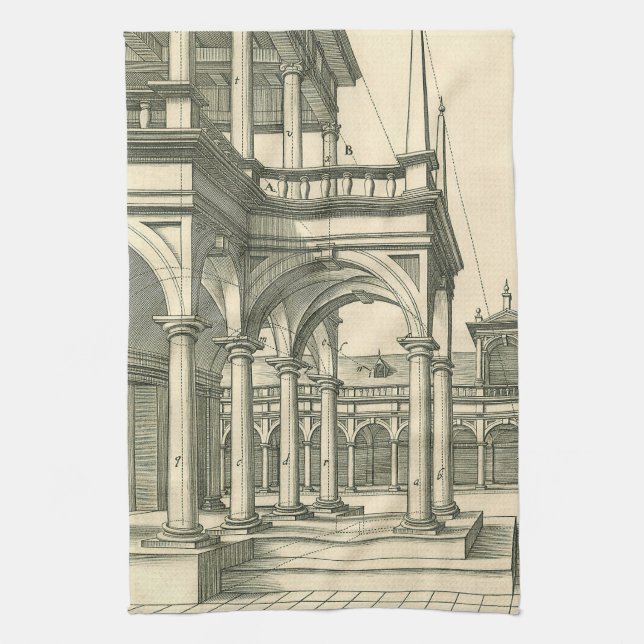 Vintage Architecture, Roman Courtyard with Columns Tea Towel (Vertical)