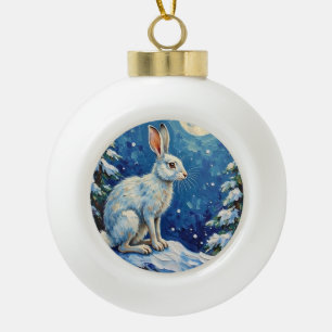 Vintage Arctic Hare in Winter Moonlight Christmas Ceramic Ball Christmas Ornament