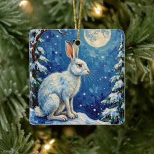 Vintage Arctic Hare in Winter Moonlight Christmas Ceramic Ornament