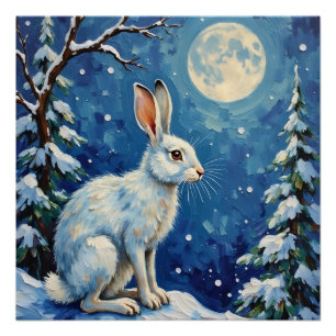 Vintage Arctic Hare in Winter Moonlight Christmas  Poster