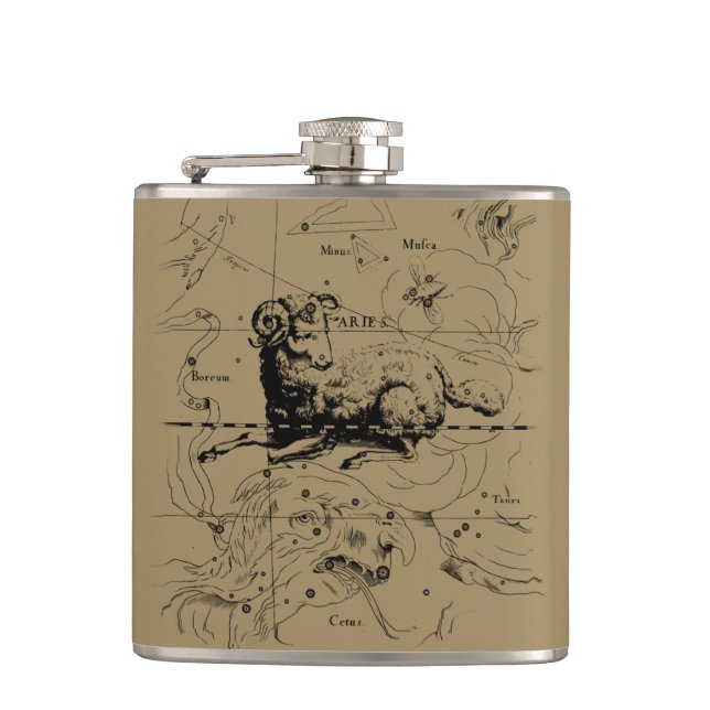 Vintage Aries Constellation Map Hevelius 1690 Hip Flask (Front)