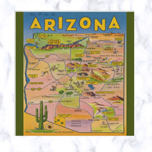 Vintage Arizona Map and Cactus Postcard