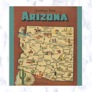 Vintage Arizona Map Cactus and Saguaro Blossom  Postcard