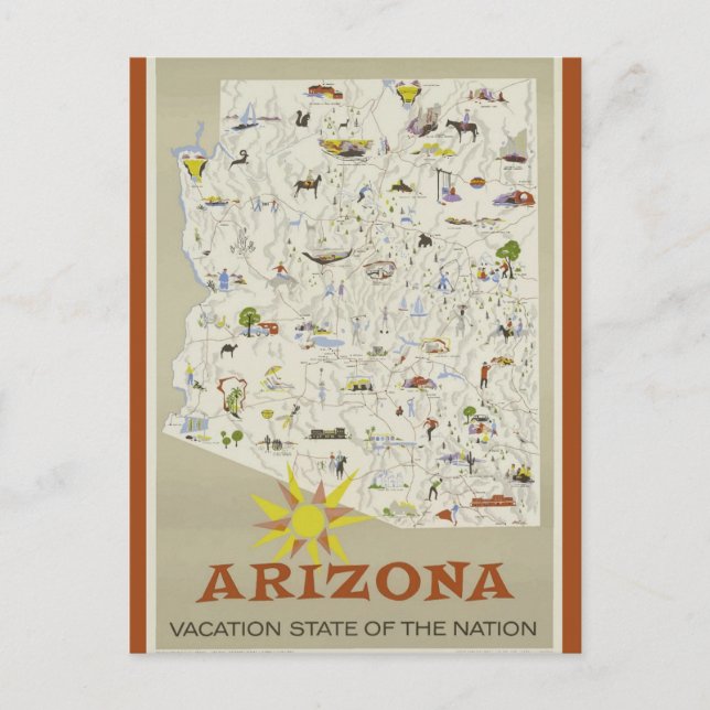 Vintage Arizona State Vacation Map Travel Postcard (Front)