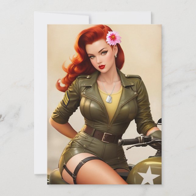 Vintage Army Motorcycle Pinup Invitation (Front)