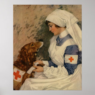 Vintage Army Nurse with Golden Retriever WW1 Poster