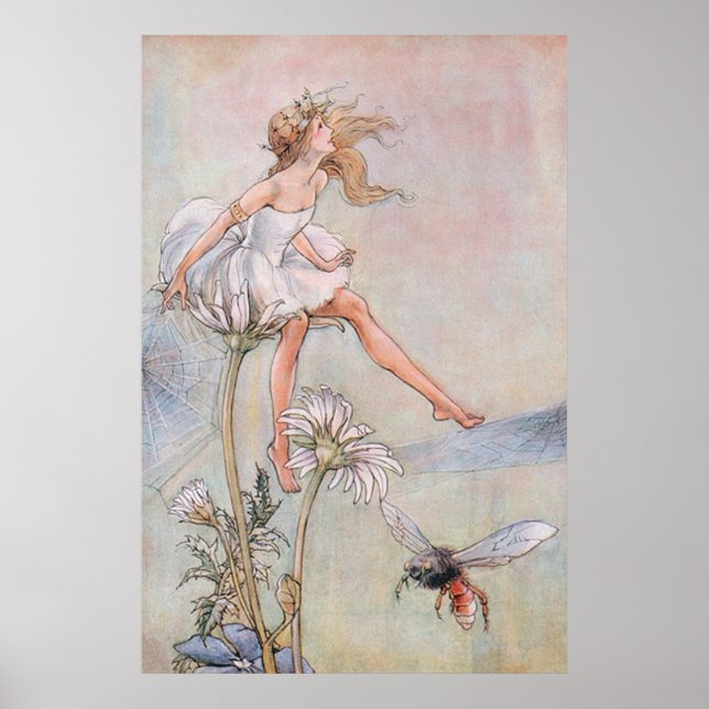 Vintage Art, Beautiful Fairy and Bee Poster (Front)