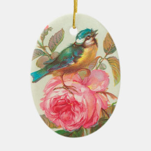 Vintage Art Bird and Rose Ceramic Tree Decoration