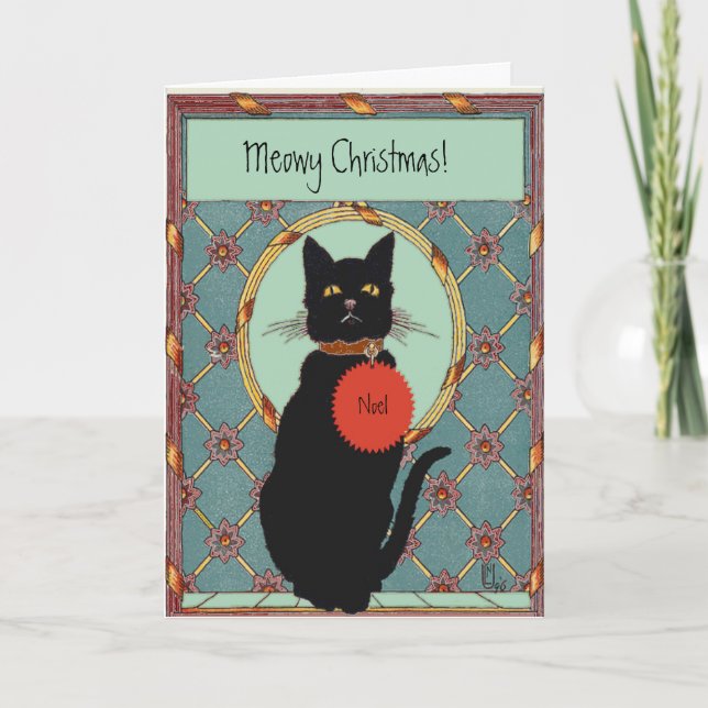 Vintage Art Black Cat "Meowy Christmas" Holiday Card (Front)