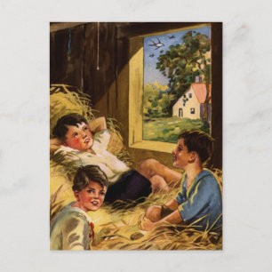 Vintage Art Boys on Farm in Summer Postcard
