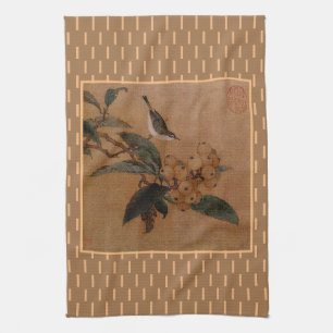 Vintage art Chinese silvereye bird and loquats Tea Towel
