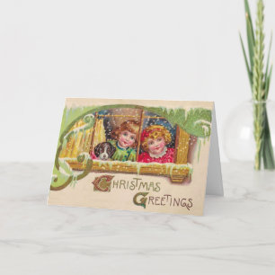Vintage Art Christmas Card, 2 Children, Customise Holiday Card