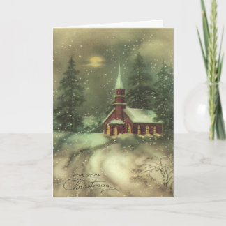 Vintage Art Church On a Snowy Night, Customise It Holiday Card