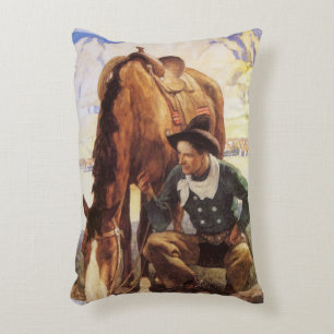 Vintage Art, Cowboy Watering His Horse by NC Wyeth Decorative Cushion