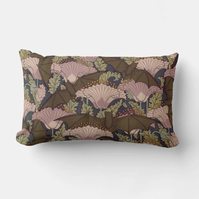 Vintage Art Deco Bat and Flowers Lumbar Cushion (Front)